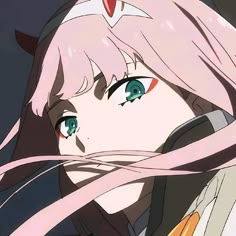 an anime character with pink hair and blue eyes