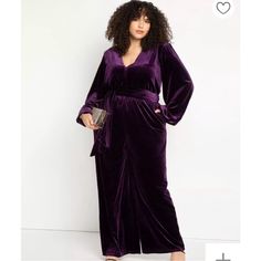 Eloquii Wide Leg Velour Velvet Jumpsuit Size 24 New With Tag Absolutely Stunning, Sold Out Completely Amazing Dark Purple Plum Color Rich Soft Elegant And Comfortable Fit Bodice Elasticized Waist Seam Easy From Hip To Thigh Wide Leg Waist Sash Ties Center Back Zipper Closure Shoulder Pads Stretch Knit Velvet 95% Polyester / 5% Spandex Care: Turn Garment Inside Out, Hand Wash Cold Smoke And Pet Free Home Fast Shipping Ir0158d Plus Size Jumpsuit Wedding, Black Wrap Skirt, Wedding Pantsuit, Olive Green Romper, Gold Jumpsuit, Bell Sleeve Romper, Velvet Jumpsuit, Waist Sash, Plus Size Romper