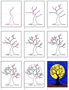 four different types of trees with pink and yellow leaves on them, each one is drawn in