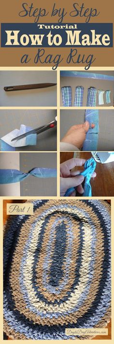 the steps to make a rag rug are shown in this collage, including scissors and yarn