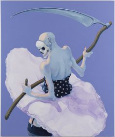 a painting of a skeleton holding a large knife