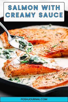 salmon with creamy sauce in a cast iron skillet being spooned into the pan