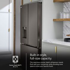 LG Reliability just got better - Get a Free extra year warranty (up to $185 value) with purchase with our ThinQ offer. LG offers the largest counter depth capacity, so you no longer sacrifice storage space for a built-in look. Walk up lighting illuminates the refrigerator as you approach. From cubed and crushed to Craft Ice™ and NEW mini cubed, this LG refrigerator makes 4 types of ice that are perfect for every occasion.. Modern, flat panel design has a smooth, minimalist look with LED-lit pock Fridge Ideas, Modern Refrigerator, Counter Depth Fridge, Evergreen Fog, Types Of Ice, Lg Refrigerator, Smart Refrigerator, Clear Bins