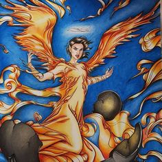 a painting of a woman with orange hair and wings on her body surrounded by flames