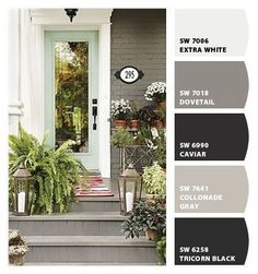 an exterior color scheme for a house with white trim and black accents, including the front door