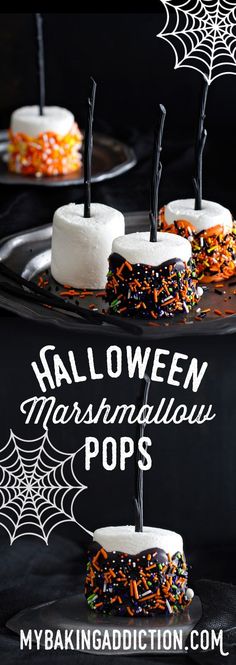 halloween marshmallow pops with sprinkles and spider web on the top