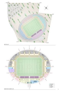 an aerial view of a soccer field and the ground plan for a stadium with seating areas