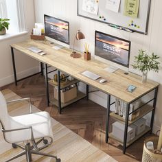 a desk with two computer monitors on it