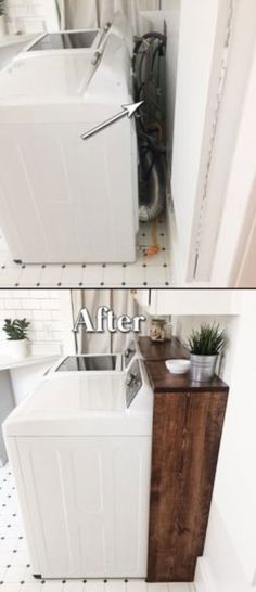 before and after pictures of a small laundry room with washer and dryer in it