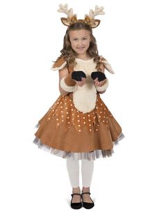 Your daughter will be the most playful creature in town when she's sporting our Girls Doe Deer Costume this year. With this set, you will receive everything your little angel needs to become her favorite prancing forest creature. Featuring a beautiful brown and white polka dot dress with an attached deer tail, a pair of matching wristlets, and a deer ears and antlers headband, they're going to love wearing this magical animal outfit this year. Deer Costume For Kids, Deer Halloween Costumes, Safari Costume, Deer Outfit, Deer Dress, Reindeer Costume, Animal Dress Up, Deer Costume, Deer Girl