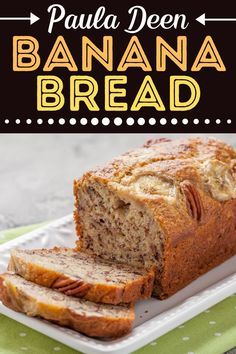 banana bread on a plate with text overlay