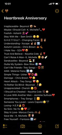 the heart break anniversary list on an iphone