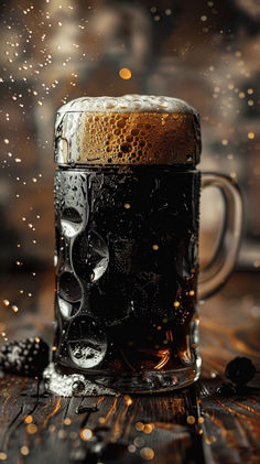 a glass mug filled with dark beer on top of a wooden table covered in bubbles