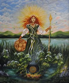 a painting of a woman holding a pot and a staff standing in the grass near a body of water