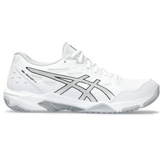 the asics shoes are white and black with silver accents on the upper part of the shoe