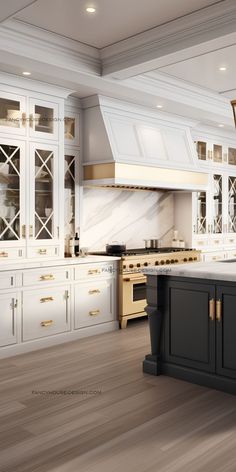 a large kitchen with white cabinets and gold trim on the counter tops is pictured in this image