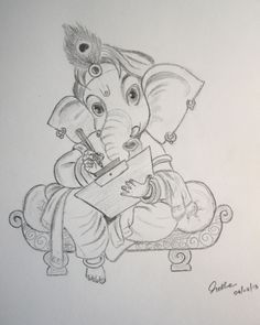 a pencil drawing of an elephant holding a piece of paper