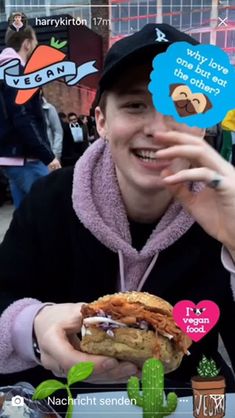 a young man is eating a sandwich in front of his face with speech bubbles above him