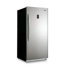 a silver and black refrigerator on a white background