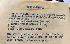 a recipe for corn casserole on a paper