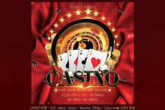 the casino flyer is shown with red curtains and gold stars on it, while two cards are