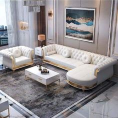 a living room filled with white furniture and a large painting on the wall behind it