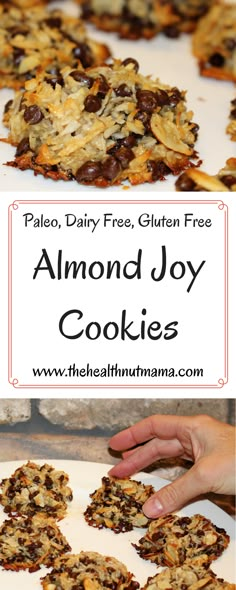 the recipe for almond joy cookies is shown in two different pictures, including one with chocolate chips