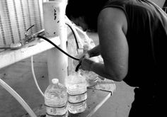 a man is filling bottles with water