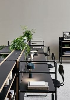 an office with black desks and plants on the top shelf, in front of a white wall