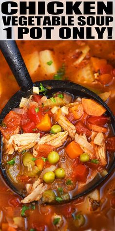 chicken vegetable soup in a cast iron skillet with text overlay that reads, chicken vegetable soup pot 1 hour