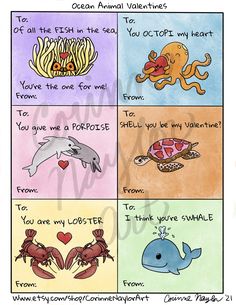 an ocean animal valentine's card with four different animals and the words, i love you