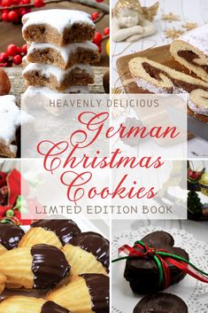 a collage of german christmas cookies with text overlay that reads, heavenly delicious german christmas cookies limited edition book