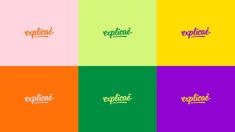 four different colored squares with the words explore on them in different colors and font styles