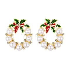 two pairs of christmas wreath earrings with pearls and holly leaves on the front, one in gold