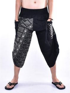 "Harem pants, Yoga pants, Wide leg pants, Trousers, Samurai pants Printed with Black Thai Pattern Design Printed Cotton Samurai pants with Side button is inspired Samurai and Ninja pants from Japan. Created and Designed for Everyone, Wide Leg Designed Easy to Movement, Easy to Wear and Comfy. The Pants is made of 100% Cotton and Printed with beautiful pattern design. The Pants made by Thai Craftsmanship, Attention and Neatness in sewing an item. Cotton Samurai pants has one Pocket in front for s Black Hip-length Bottoms For Yoga, Black Yoga Bottoms With Hip Pockets, Black Cotton Sweatpants For Yoga, Baggy Black Cotton Harem Pants, Casual Black Cotton Yoga Pants, Casual Black Yoga Bottoms, Black Wide Leg Sweatpants For Yoga, Black Wide-leg Sweatpants For Yoga, Black Casual Harem Pants For Yoga