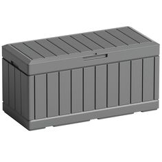 a gray plastic storage box on a white background