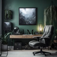 a chair and desk in a room with green walls