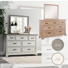 a white dresser and mirror in a room with paint swatches on the wall, along with other furniture