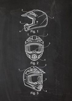 the motorcycle helmet and goggles are shown on a chalkboard with an outline drawing