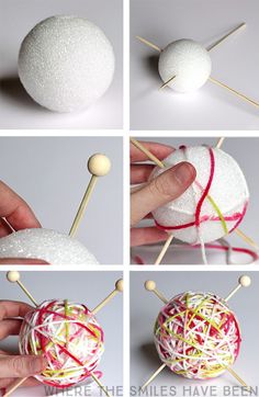 four pictures showing how to make a yarn ball with knitting needles and cotton swabs