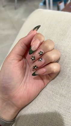 long nail with dark green french tip & floral design French Nail Art Green, Green Almond Nails With Flowers, Dark Army Green Nails, French Nails With Green Design, Dark Emerald Green French Tip Nails, Almond Nails Forest Green, Formal Green Nails, British Racing Green Nails, Dark Nails French