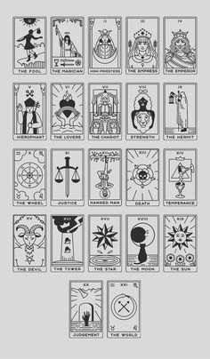 the taroti card deck is shown in black and white, with different symbols