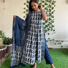 Indian Suits For Women, Cotton Suit Designs, Indigo Prints, Printed Dupatta, Cotton Kurti Designs