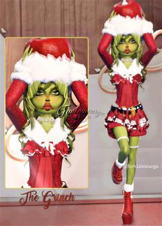 a woman dressed up as the grinch for christmas