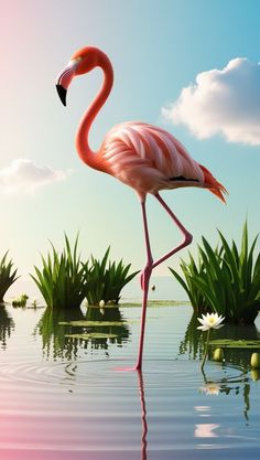 a pink flamingo standing in the water next to lily pads and green plants with blue sky