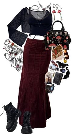 autumn witch outfit 🍷🔮🥀 Outfit | ShopLook Witch Style Outfits Modern, Witch Summer Outfit, Witchy Clothing Aesthetic, Witch Goth Outfits, Witch Clothes Aesthetic, Witch Lookbook, Witch Astethic, The Craft Inspired Outfits, Witch Streetwear