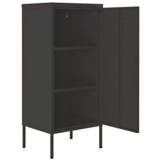 an open bookcase with two shelves on one side and three doors on the other