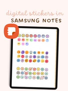 a tablet with the text digital stickers in samsung notes on it and an image of buttons