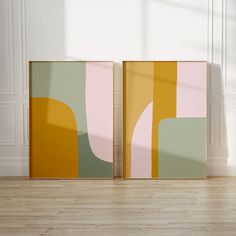 two abstract paintings on the wall next to each other in an empty room with hard wood flooring