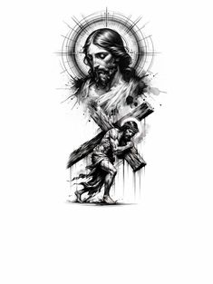 jesus carrying the cross with his hands and face painted in black ink on white paper